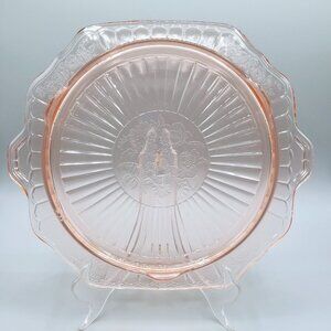 Anchor Hocking Mayfair Open Rose Cake Plate Pink Footed 1930's Serving Tray